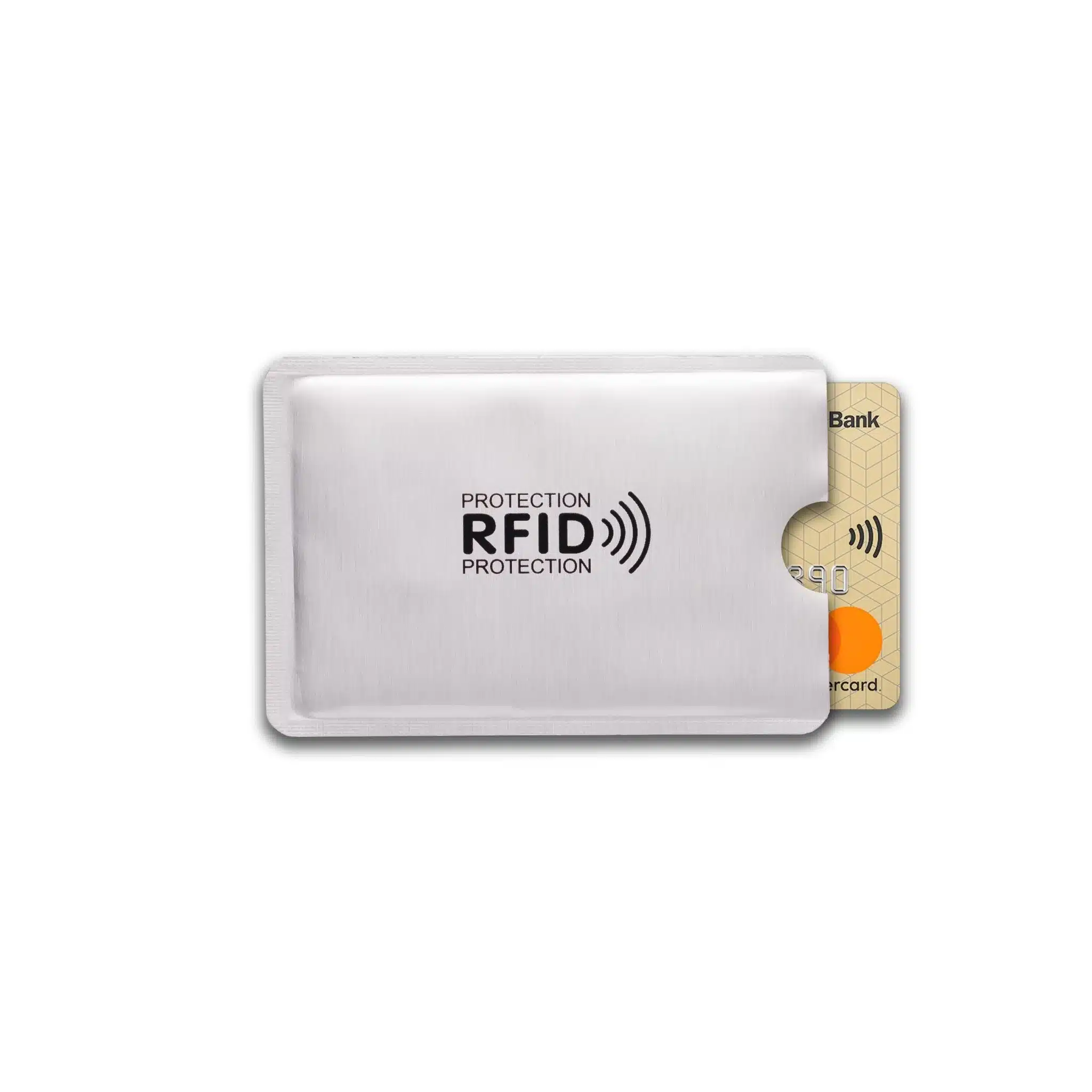 Wit RFID-beschermhoesje met zwarte opdruk en een gedeeltelijk ingestoken bankpas