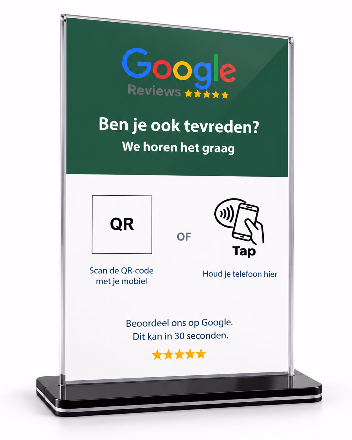 Google review bord met NFC en QR-code in tafelstandaard