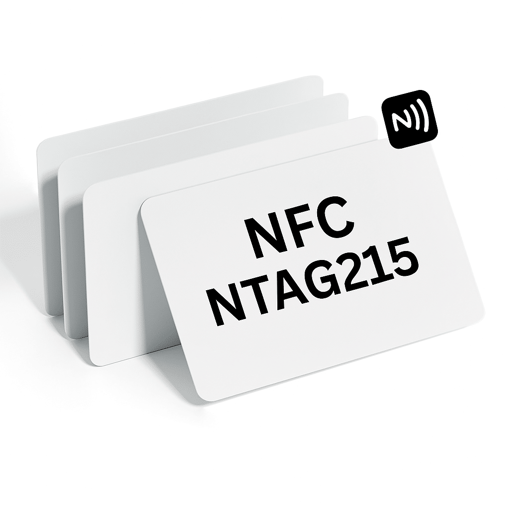 NFC kaart NTAG215 wit met afgeronde hoeken, afgebeeld met meerdere witte kaarten en de tekst NFC NTAG215