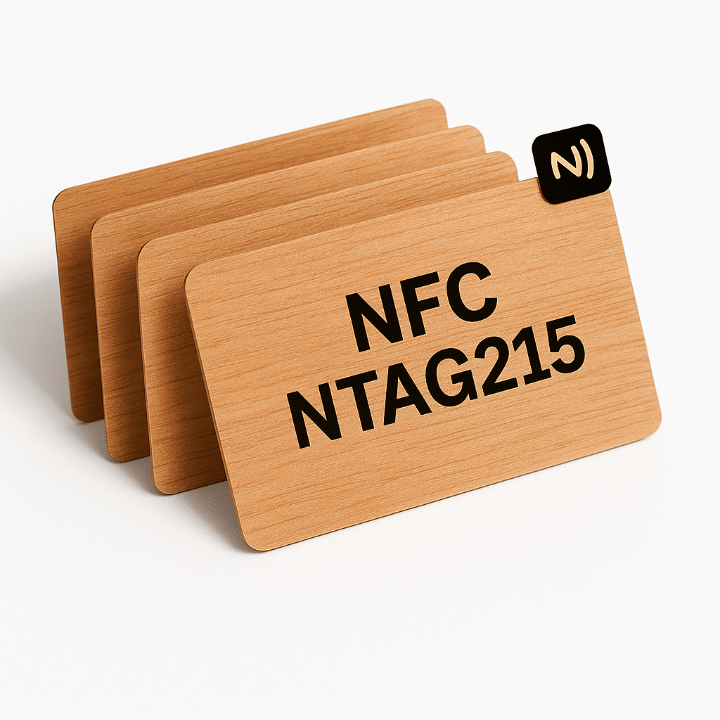 NFC visitekaart kersenhout: meerdere houten kaarten met op de voorste kaart de tekst NFC NTAG215